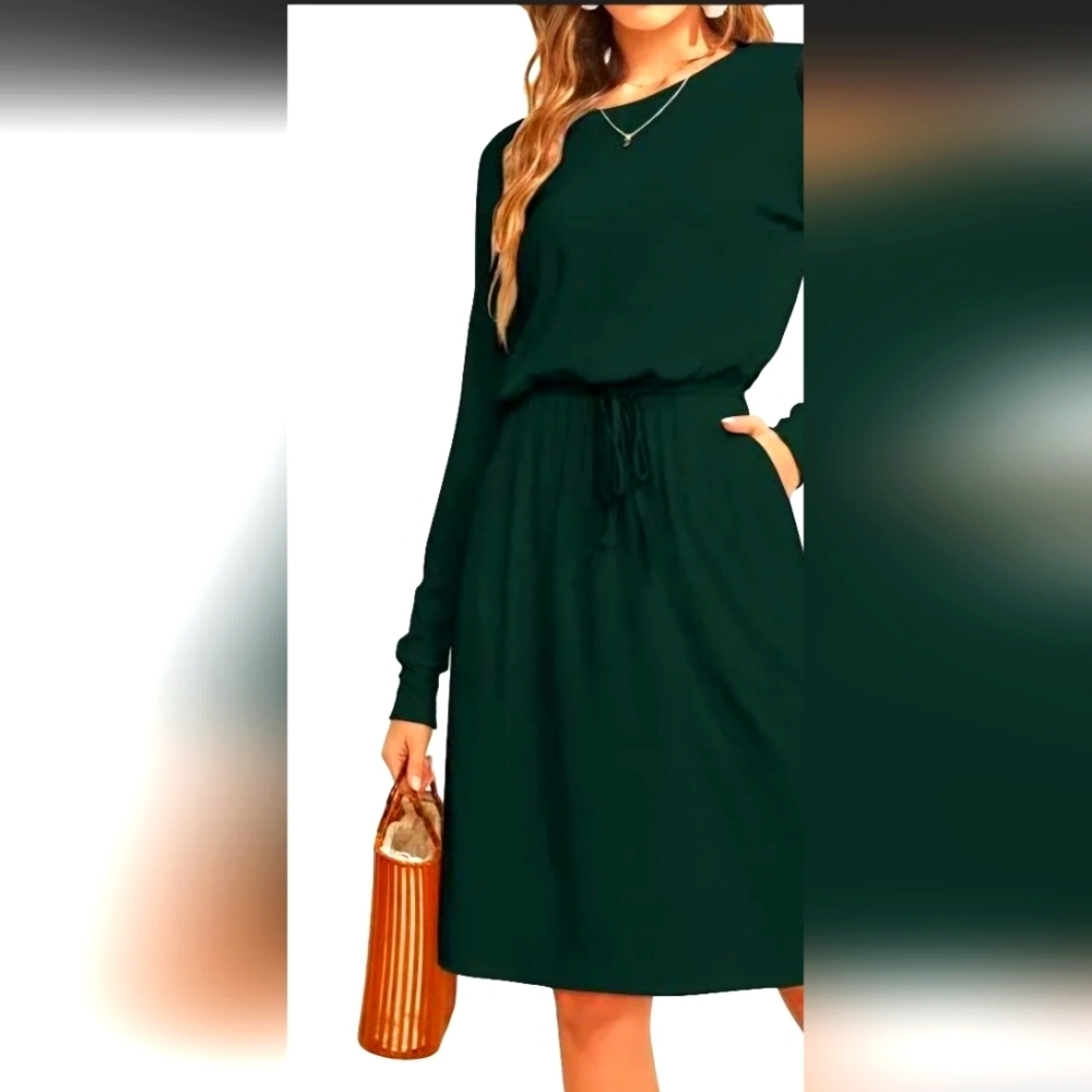 Simier Fariry Forest Green Crewneck Long Sleeve Drawstring Waist Dress Sz: Large